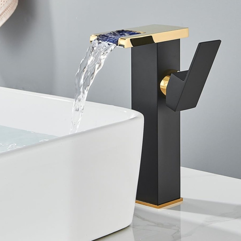 GF06 - Tall Waterfall Gold and Black Mixer Tap